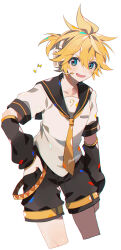 Rule 34 | 1boy, black sailor collar, black shorts, black sleeves, blonde hair, blue eyes, collarbone, detached sleeves, hand in pocket, headphones, highres, kagamine len, kawasaki (kwsk 8765), looking at viewer, male focus, messy hair, musical note, necktie, open mouth, pocket, sailor collar, shirt, short hair, short ponytail, short sleeves, shorts, simple background, smile, solo, upper body, vocaloid, white background, white shirt, yellow necktie, yellow trim