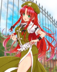 Rule 34 | 1girl, black bow, blue sky, bow, braid, chinese clothes, cloud, cloudy sky, green eyes, green hat, green skirt, green vest, hair bow, hands up, hat, hat ornament, hong meiling, long hair, looking at viewer, okawa friend, open mouth, puffy short sleeves, puffy sleeves, red hair, shirt, short sleeves, skirt, sky, solo, standing, star (symbol), touhou, tree, twin braids, vest, white shirt, wrist cuffs
