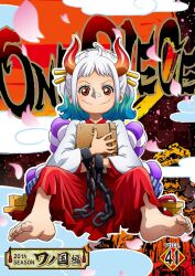 Rule 34 | 1girl, aged down, aqua hair, bandages, closed mouth, commentary request, cuffs, english text, full body, hair ornament, hair stick, hakama, hakama pants, handcuffs, holding, horns, japanese clothes, looking at viewer, multicolored hair, multicolored horns, oda eiichirou, official art, one piece, oni, orange eyes, orange horns, pants, red horns, rope, shimenawa, sitting, smile, solo, translation request, white hair, yamato (one piece)