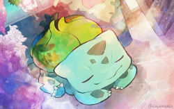 Rule 34 | alt text, building, bulbasaur, claws, colored skin, commentary, creatures (company), door, english commentary, closed eyes, flower, game freak, gen 1 pokemon, green skin, indoors, kianamosser, lying, nintendo, no humans, on floor, on stomach, open door, plant, pokemon, pokemon (creature), smile, solo focus, sunlight