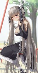 Rule 34 | 1girl, azur lane, black bow, black dress, black footwear, blurry, blurry background, blush, bow, breasts, cleavage, clothing cutout, commentary request, day, depth of field, dress, formidable (azur lane), frilled dress, frills, grey hair, hair bow, hand up, highres, large breasts, long hair, long sleeves, looking at viewer, looking to the side, nose blush, outdoors, pantyhose, parted lips, pentagon (railgun ky1206), red eyes, shoes, shoulder cutout, sitting, sleeves past wrists, solo, swing, tree, two side up, very long hair, white pantyhose