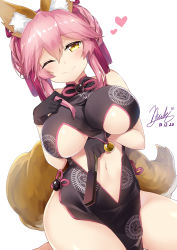 Rule 34 | 1girl, animal ear fluff, animal ears, bare shoulders, black dress, black gloves, blush, breasts, china dress, chinese clothes, cleavage, closed mouth, dress, fate/grand order, fate (series), folded fan, folding fan, fox ears, fox tail, gloves, hair between eyes, hair ribbon, hand fan, heart, highres, koyanskaya (chinese lostbelt outfit) (fate), koyanskaya (fate), large breasts, looking at viewer, navel, one eye closed, pink hair, pink ribbon, ribbon, side slit, simple background, smile, solo, subaru (794829485), tail, tamamo (fate), tamamo no mae (fate/extra), upper body, white background, yellow eyes