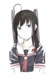 Rule 34 | 10s, 1girl, ahoge, black hair, blue eyes, braid, cropped torso, dated, hair over shoulder, kantai collection, kawashina (momen silicon), looking at viewer, neckerchief, personification, shigure (kancolle), simple background, single braid, smile, solo, upper body, white background