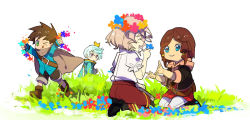 Rule 34 | 10s, 2boys, 2girls, ;p, aged down, alisha diphda, blue eyes, brown hair, child, gradient hair, grass, green eyes, hair tubes, head wreath, mikleo (tales), multicolored hair, multiple boys, multiple girls, one eye closed, outdoors, purple eyes, rose (tales), seiza, sitting, smile, sorey (tales), tales of (series), tales of zestiria, tongue, tongue out, yanzhan