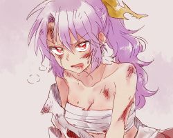 Rule 34 | 1girl, 6 (yuchae), bare shoulders, bow, breasts, bruise, cleavage, collarbone, hair bow, heavy breathing, injury, long hair, open mouth, ponytail, purple hair, red eyes, sarashi, solo, torn clothes, touhou, tsurime, upper body, watatsuki no yorihime