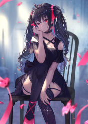 Rule 34 | 1girl, black dress, black hair, blurry, bow, breasts, chair, cleavage, collar, collarbone, depth of field, dress, earrings, garter straps, gem, glowing, glowing eyes, hand on own cheek, hand on own face, head tilt, highres, jewelry, long hair, looking at viewer, medium breasts, nail polish, off-shoulder dress, off shoulder, open mouth, original, patterned clothing, pink nails, red eyes, red footwear, red gemstone, red ribbon, ribbon, single earring, sitting, solo, thighhighs, tiara, twintails, wavy hair, xyunx