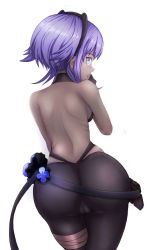 Rule 34 | 1girl, absurdres, ass, backless outfit, bare back, bare shoulders, black gloves, butt crack, dark-skinned female, dark skin, fate/prototype, fate/prototype: fragments of blue and silver, fate (series), female focus, fingerless gloves, from behind, gloves, hairband, hassan of serenity (fate), highres, liangmian, looking at viewer, looking back, purple eyes, purple hair, short hair, simple background, smile, solo, white background