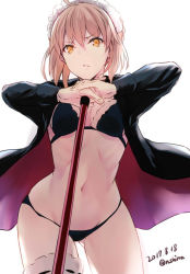 Rule 34 | &gt;:/, 1girl, :/, ahoge, artoria pendragon (all), artoria pendragon (alter swimsuit rider) (fate), artoria pendragon (alter swimsuit rider) (second ascension) (fate), artoria pendragon (fate), bikini, bikini under clothes, black bikini, black jacket, blonde hair, breasts, bridal garter, contrapposto, cowboy shot, dated, fate/grand order, fate (series), gluteal fold, groin, jacket, long sleeves, looking at viewer, maid, maid bikini, maid headdress, medium breasts, nabeshima tetsuhiro, navel, saber alter, short hair, simple background, solo, standing, swimsuit, twitter username, unconventional maid, v-shaped eyebrows, white background, yellow eyes