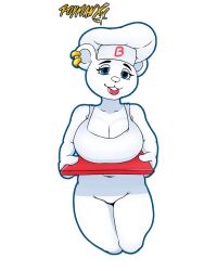 Rule 34 | 1girl, artist name, bear girl, bimbo bear, blue eyes, breasts, chef hat, cleavage, cowboy shot, cropped legs, ear piercing, furry, furry female, hat, holding, holding tray, large breasts, lips, looking at viewer, navel, piercing, roymanx, simple background, smile, solo, tank top, tray, white background