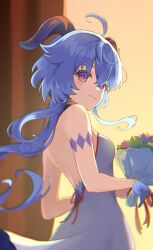 Rule 34 | 1girl, ahoge, backless dress, backless outfit, bare back, bare shoulders, blue hair, blush, bouquet, breasts, dress, flower, ganyu (genshin impact), genshin impact, gloves, goat horns, hair between eyes, highres, holding, holding bouquet, horns, long hair, looking at viewer, looking back, medium breasts, official alternate costume, pinocle, purple eyes, sidelocks, smile, solo