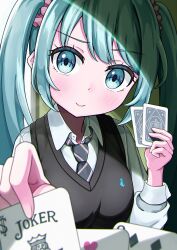 Rule 34 | 1girl, absurdres, aqua eyes, aqua hair, blush, breasts, card, closed mouth, collared shirt, colored eyelashes, hatsune miku, highres, holding, holding card, long hair, looking at viewer, necktie, playing card, school uniform, shirt, sidelighting, smile, solo, solo focus, striped necktie, sweater vest, twintails, upper body, very long hair, vocaloid, zukimikan