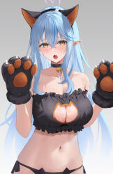 Rule 34 | 1girl, ahoge, animal ears, animal hands, bell, bikini, blue hair, blush, breasts, cat ears, cat lingerie, cat paws, cleavage cutout, clothing cutout, commentary, crossed bangs, fang, frilled bikini, frills, gradient background, grey background, hair between eyes, haro art, heart, heart ahoge, highres, hololive, large breasts, long hair, looking at viewer, meme attire, multicolored hair, navel, neck bell, open mouth, paw pose, pointy ears, side-tie bikini bottom, solo, standing, streaked hair, sweatdrop, swimsuit, virtual youtuber, yellow eyes, yukihana lamy