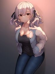 Rule 34 | 1girl, alternate costume, bad id, bad pixiv id, braid, breasts, brown eyes, cleavage, denim, girls&#039; frontline, hair tie, highres, jacket, jeans, kagi f, large breasts, looking at viewer, pants, silver hair, simple background, smile, solo, spas-12 (girls&#039; frontline), standing, twintails, unbuttoned