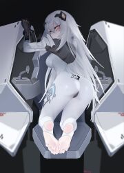 Rule 34 | 1girl, absurdres, black gloves, bodysuit, breasts, bright pupils, eonsang, feet, from behind, full body, girls&#039; frontline, gloves, grey bodysuit, grey hair, hair between eyes, headgear, highres, kneeling, large breasts, long hair, looking at viewer, looking back, paradeus, parted lips, soles, solo, stirrup legwear, tareus (girls&#039; frontline), toeless legwear, toes, white pupils, yellow eyes