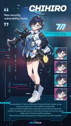 Rule 34 | 1girl, absurdres, aqua-framed eyewear, assault rifle, black skirt, blue-framed eyewear, blue archive, blue necktie, blue sweater vest, breasts, chihiro (blue archive), closed eyes, closed mouth, expressions, full body, glasses, gun, h&amp;k hk416, hair ornament, hairclip, halo, heart, highres, holding, holding gun, holding weapon, id card, jacket, large breasts, logo, necktie, ni02 (asahi nini), official art, open clothes, open jacket, pleated skirt, rabbit hair ornament, rifle, school uniform, semi-rimless eyewear, shirt, shoes, short hair, skirt, sneakers, socks, sweat, sweater vest, watch, weapon, white footwear, white shirt, wristwatch