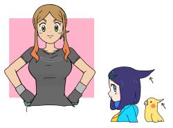 Rule 34 | 2girls, arrow (symbol), bird, breasts, brown hair, closed mouth, commentary request, cowlick, creatures (company), eyelashes, game freak, gloves, green eyes, green jacket, hair ornament, hairclip, hands on own hips, highres, jacket, large breasts, liko (pokemon), looking at viewer, multiple girls, nintendo, orla (pokemon), parted bangs, pokemon, pokemon (anime), pokemon horizons, shiogi (riza 49), shirt, short sleeves, smile, split mouth, t-shirt, yellow bag
