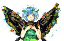 Rule 34 | 1girl, antennae, blue hair, butterfly wings, dress, eternity larva, green dress, hair ornament, highres, insect wings, leaf, leaf on head, looking at viewer, sano naoi, short hair, short sleeves, simple background, smile, solo, touhou, white background, wings, yellow eyes