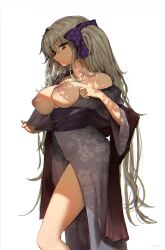 Rule 34 | 1girl, amatsutsumi, bare legs, bare shoulders, breasts, breasts out, brown hair, commentary request, dark nipples, floral print, grey hair, grey kimono, hair ribbon, highres, inverted nipples, japanese clothes, kimono, koizuka mana (amatsutsumi), large breasts, long hair, nipples, no bra, open clothes, open kimono, print kimono, puffy nipples, puk (higanbana doujin), purple ribbon, ribbon, sash, side ponytail, signature, solo, thighs, unaligned breasts, very long hair, white background