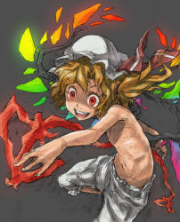 Rule 34 | 1girl, blonde hair, bloomers, child, colored eyelashes, crazy, crazy eyes, female focus, flandre scarlet, flat chest, foreshortening, graphite (medium), grey background, hat, highres, laevatein, nu ma, numa (minus 4k), red eyes, side ponytail, simple background, sketch, smile, solo, topless, touhou, traditional media, underwear, wings