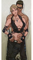 Rule 34 | 1boy, 1girl, blonde hair, breasts, cleavage, covered erect nipples, elbow pads, fingerless gloves, ganassa, gloves, highres, johnny cage, midriff, midway, mortal kombat (series), navel, topless male, sonya blade, sunglasses, toned, wrist wrap