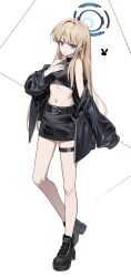 Rule 34 | 1girl, absurdres, alternate costume, animal print, black footwear, black jacket, black skirt, blonde hair, blue archive, blue eyes, blue halo, crop top, full body, halo, hand on own chest, hashtag-only commentary, highres, jacket, long hair, long sleeves, looking at viewer, midriff, miniskirt, navel, open mouth, puffy long sleeves, puffy sleeves, rabbit print, simple background, skirt, solo, standing, sugar (dndi888), thigh strap, toki (blue archive), white background