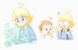 Rule 34 | 2boys, :d, ahoge, akasaka (qv92612), backpack, bag, blonde hair, blue eyes, blue jumpsuit, blush stickers, clemont (pokemon), closed mouth, commentary request, creatures (company), game freak, glasses, grey eyes, holding strap, holographic interface, jumpsuit, long sleeves, male focus, multiple boys, multiple views, nintendo, open mouth, orange hair, pokemon, pokemon sm, pokemon xy, scarf, shirt, short hair, smile, sophocles (pokemon), tongue, white bag, white shirt, yellow scarf
