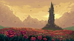 cloud door field flower flower_field grass highres no_humans original outdoors petals red_flower red_petals red_rose rose rose_petals scenery scilex sky stairs tower yellow_sky