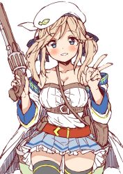 Rule 34 | 10s, 1girl, beret, between breasts, blonde hair, blue eyes, blush, breasts, cucouroux (granblue fantasy), granblue fantasy, gun, hair ribbon, handgun, hat, long hair, mamedenkyuu (berun), medium breasts, revolver, ribbon, skirt, smile, solo, strap between breasts, thighhighs, twintails, v, weapon, zettai ryouiki