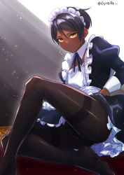 Rule 34 | 1boy, @@@, apron, black dress, black neckwear, blush, bulge, carpet, commentary request, crossdressing, dark skin, detached collar, dress, embarrassed, flat chest, frilled dress, frills, full body, hair between eyes, highres, juliet sleeves, knee up, leaning back, legs, long sleeves, looking at viewer, maid, maid apron, maid headdress, male focus, no shoes, orange eyes, original, pantyhose, puffy sleeves, short hair, sidelocks, sitting, solo, sparkle, sweatdrop, thighband pantyhose, translation request, trap