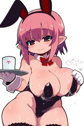 Rule 34 | 1girl, absurdres, animal ears, areola slip, bare shoulders, black leotard, bow, breasts, deathlock-san, detached collar, fake animal ears, glass, gloves, highres, holding, lactation, large breasts, leotard, long hair, looking at viewer, milk, original, pink hair, playboy bunny, pointy ears, rabbit ears, red bow, red eyes, short hair, sidelocks, smile, solo, sweat, thick thighs, thighs, white gloves, zankuro