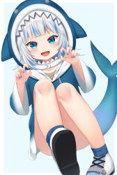 Rule 34 | 1girl, :d, absurdres, animal hood, blue background, blue eyes, blue hair, blue hoodie, blue nails, blue socks, claw pose, commentary, english commentary, fins, fish tail, gawr gura, gawr gura (1st costume), hands up, highres, hololive, hololive english, hood, hood up, hoodie, ikazu401, knees up, multicolored hair, nail polish, open mouth, shark hood, shark tail, sharp teeth, shoes, silver hair, smile, socks, solo, streaked hair, tail, teeth, two-tone background, virtual youtuber, white background, white footwear