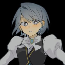Rule 34 | 1girl, ace attorney, black background, black vest, blue hair, blush, bow, bowtie, brooch, clenched teeth, earrings, franziska von karma, grey eyes, highres, jewelry, juliet sleeves, long sleeves, looking at viewer, pa576, parted lips, puffy sleeves, shirt, short hair, simple background, solo, swept bangs, teeth, v-shaped eyebrows, vest, white bow, white bowtie, white shirt