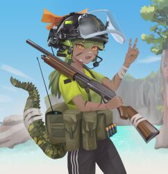 Rule 34 | 1girl, absurdres, ammunition pouch, bandaged arm, bandaged tail, bandages, black pants, blue sky, cliff, dragon girl, face shield, fang, green eyes, green hair, green shirt, gun, hair ribbon, helmet, highres, klottinen, lizard tail, load bearing equipment, looking at viewer, military, mossberg 500, open mouth, original, pants, pouch, pump action, radio antenna, ribbon, shirt, shotgun, shotgun shell, sky, solo, standing, tail, tree, v, water, weapon
