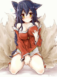 Rule 34 | 1girl, ahri (league of legends), animal ears, black hair, blush, breast lift, breasts, cleavage, detached sleeves, female masturbation, fox ears, fox tail, furan (marina6123), grabbing own breast, hand on own chest, highres, korean clothes, large breasts, league of legends, masturbation, multiple tails, simple background, solo, sweatdrop, tail, white background, yellow eyes