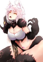 Rule 34 | 1girl, agrius metamorphosis, ahoge, animal ears, arano oki, atalanta (fate), atalanta alter (fate), black thighhighs, braid, breasts, cat ears, claws, cleavage, commentary request, fangs, fate/grand order, fate (series), fur, hair between eyes, hand up, highres, large breasts, long hair, looking at viewer, navel, open mouth, pubic tattoo, silver hair, simple background, solo, tattoo, thighhighs, very long hair, white background, yellow eyes