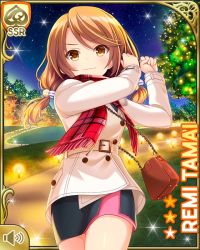 Rule 34 | 1girl, bare legs, black dress, brown coat, brown eyes, brown hair, card (medium), closed mouth, coat, dress, girlfriend (kari), lights, looking at viewer, low twintails, night, official art, outdoors, qp:flapper, red neckwear, scarf, smile, solo, standing, swinging, tagme, tamai remi, twintails, winter clothes, winter coat