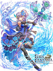 Rule 34 | 1girl, black gloves, black thighhighs, blue flower, blue footwear, blue rose, clarice (eden fantasia), commentary request, copyright name, dress, eden fantasia, elbow gloves, esphy, fantasy, flower, full body, gloves, highres, long hair, multicolored clothes, multicolored dress, official art, pink eyes, purple hair, rose, side ponytail, solo, staff, thighhighs, water, watermark