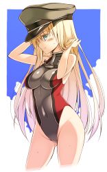Rule 34 | 10s, 1girl, adapted costume, alternate costume, anchor, bismarck (kancolle), blonde hair, blush, breasts, competition swimsuit, covered navel, green eyes, hat, highleg, highleg swimsuit, highres, kantai collection, large breasts, long hair, looking at viewer, military hat, ohta yuichi, one-piece swimsuit, outside border, smile, solo, swimsuit