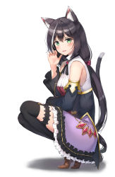 Rule 34 | 1girl, absurdres, animal ear fluff, animal ears, black hair, black ribbon, black sleeves, black thighhighs, blush, bow, brown footwear, cat ears, cat girl, cat tail, detached sleeves, fang, frilled skirt, frills, from side, full body, garter straps, green eyes, hair between eyes, hair bow, highres, karyl (princess connect!), layered skirt, long hair, long sleeves, looking at viewer, low twintails, miniskirt, multicolored hair, neck ribbon, open mouth, princess connect!, purple skirt, qoray7, red bow, ribbon, shadow, shirt, simple background, skin fang, skirt, sleeveless, sleeveless shirt, solo, streaked hair, tail, thigh strap, thighhighs, twintails, very long hair, white background, white shirt, zettai ryouiki