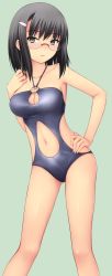 Rule 34 | 1girl, aiko yumi, black hair, blue one-piece swimsuit, breasts, cleavage cutout, clothing cutout, glasses, hand on own hip, highres, hunie (series), huniepop, large breasts, medium hair, navel, navel cutout, one-piece swimsuit, solo, swimsuit