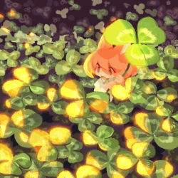 Rule 34 | 1other, animal ears, black eyes, clover, commentary, english commentary, mini person, minigirl, orange hair, original, outdoors, pac-man eyes, rye-beer, short hair, solo