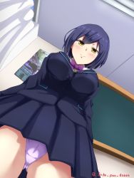 Rule 34 | 1girl, arms at sides, black jacket, black skirt, blazer, blue hair, blush, bow, bowtie, breasts, bright pupils, ceiling, ceiling light, chalkboard, closed eyes, curtains, from below, gluteal fold, highres, indoors, jacket, large breasts, looking at viewer, looking down, miniskirt, mole, mole under eye, nijisanji, panties, pantyshot, pink panties, pleated skirt, pocket, poster (object), purple bow, purple bowtie, school uniform, shizuka rin, short hair, skirt, smile, solo, standing, twitter username, underwear, upskirt, virtual youtuber, yellow eyes, yukito kitto