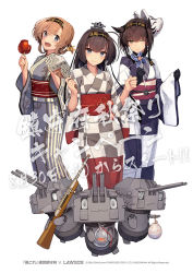 Rule 34 | 10s, 3girls, :d, ;), @ @, ahoge, akizuki (kancolle), alternate hairstyle, bag, bagged fish, black gloves, blue eyes, blunt bangs, blush, candy apple, cannon, checkered clothes, checkered kimono, chou-10cm-hou-chan, chou-10cm-hou-chan (hatsuzuki&#039;s), chou-10cm-hou-chan (teruzuki&#039;s), closed mouth, clothes writing, dated, fish, food, full body, gloves, goldfish, green eyes, grey hat, gun, hair flaps, hair ornament, hairband, hand fan, hat, hatsuzuki (kancolle), head tilt, holding, holding bag, holding food, holding gun, holding weapon, japanese clothes, kantai collection, kimono, long sleeves, machinery, mask, mask on head, mini hat, multiple girls, official art, one eye closed, open mouth, orange hair, paper fan, pinwheel, propeller hair ornament, robot, sash, shizuma yoshinori, simple background, smile, standing, summer festival, sweets, teruzuki (kancolle), text focus, translation request, turret, uchiwa, water, weapon, white background, windmill, yukata