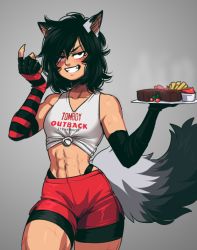 Rule 34 | 1girl, abs, animal ears, asymmetrical gloves, bare shoulders, black hair, breasts, clothes writing, cowboy shot, elbow gloves, femboy hooters (meme), fingerless gloves, food, gloves, grey background, grin, holding, holding plate, looking at viewer, lui-ra, meme, muscular, muscular female, original, outback steakhouse, parody, plate, red shorts, scar, shirt, short hair, short shorts, shorts, simple background, small breasts, smile, solo, t-shirt, tail, teeth, tomboy, uneven gloves, uniform, wolf ears, wolf tail