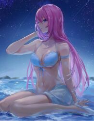 Rule 34 | 1girl, arm strap, bare shoulders, bikini, blue bikini, blue eyes, breasts, cleavage, commentary request, full body, hair between eyes, hair over shoulder, halterneck, hand in own hair, hand up, high heels, highres, long hair, looking at viewer, medium breasts, megurine luka, navel, ocean, outdoors, parted lips, pink hair, profile, reitou, sarong, shooting star, sitting, sky, solo, star (sky), starry sky, stomach, swimsuit, vocaloid, wariza, water, white footwear
