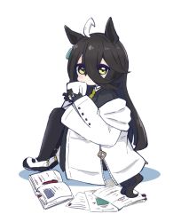 Rule 34 | 1girl, ahoge, animal ears, black gloves, black hair, black jacket, black pantyhose, book, brown eyes, chibi, closed mouth, collared shirt, colored shadow, commentary request, cup, full body, gloves, hair between eyes, highres, holding, holding cup, horse ears, horse girl, horse tail, jacket, knees up, long hair, long sleeves, looking at viewer, manhattan cafe (umamusume), necktie, nozo (hitomiz), off shoulder, open book, open clothes, open jacket, pantyhose, shadow, shirt, shoes, sitting, sleeves past wrists, solo, tail, umamusume, very long hair, white background, white footwear, white jacket, white shirt, wide sleeves, yellow necktie