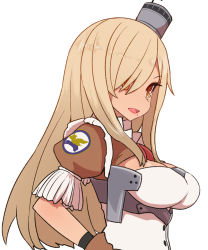 Rule 34 | 1girl, :d, azur lane, blonde hair, breasts, brown eyes, brown gloves, cleavage cutout, clothing cutout, gloves, hair ornament, hair over one eye, hand on own hip, long hair, medium breasts, nevada (azur lane), open mouth, puffy short sleeves, puffy sleeves, short sleeves, simple background, smile, solo, sumiyao (amam), upper body, white background