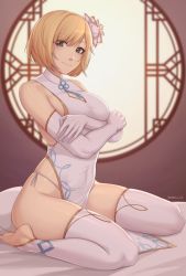 Rule 34 | 1girl, artist name, bare shoulders, barefoot, blonde hair, breasts, brown eyes, closed mouth, commentary, commission, covered navel, crossed arms, djeeta (granblue fantasy), dress, elbow gloves, english commentary, flower, gloves, granblue fantasy, hair flower, hair ornament, highres, large breasts, looking at viewer, panties, pelvic curtain, round window, shellvi, side-tie panties, sitting, skindentation, smile, solo, thighhighs, toeless legwear, underwear, wariza, white dress, white gloves, white thighhighs, window