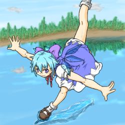 Rule 34 | 1girl, cirno, dress, female focus, ice skating, lowres, nature, oekaki, outdoors, plant, skating, sky, solo, touhou, tree, water