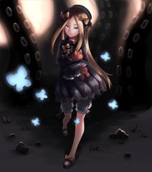 Rule 34 | 1girl, abigail williams (fate), black bow, black dress, black footwear, black hat, blonde hair, bloomers, blue eyes, bow, bug, butterfly, commentary request, dress, fate/grand order, fate (series), forehead, frown, hair bow, hat, highres, hugging object, insect, long hair, long sleeves, looking at viewer, mary janes, miya (miyaruta), orange bow, parted bangs, polka dot, polka dot bow, shoes, sleeves past wrists, solo, standing, standing on one leg, stone, stuffed animal, stuffed toy, suction cups, teddy bear, tentacles, underwear, very long hair, white bloomers